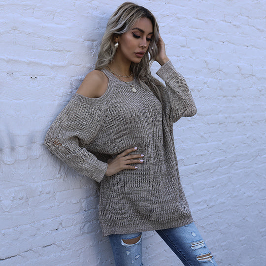 Damen Schulterfreier Grobstrickpullover mit Cut-Out-Detail, Oversize-Passform und geripptem Saum Shop Nory