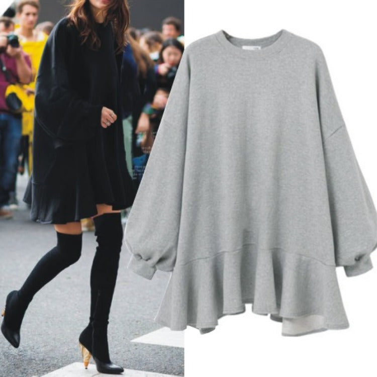 Damen Oversized Sweatshirtkleid mit Volant-Saum und Ballonärmeln Shop Nory