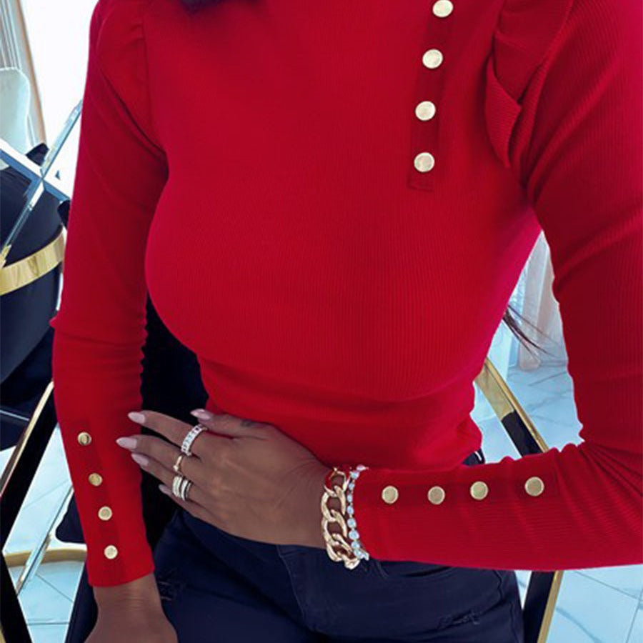 Damen Rippstrick Longsleeve mit Stehkragen, Schultervolant und Zierknöpfen Shop Nory