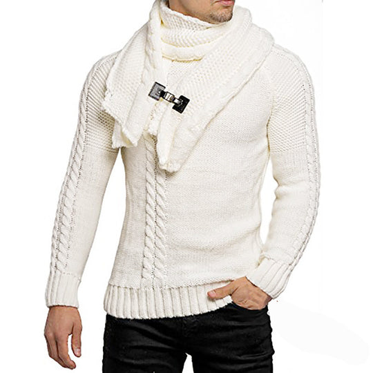Herren Grobstrick-Pullover mit integriertem Wickelkragen und Schnallen-Schal Shop Nory