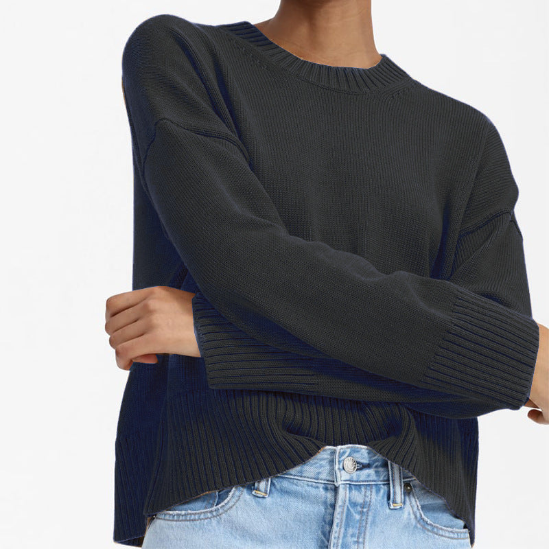 Damen Oversize-Feinstrickpullover mit Rundhalsausschnitt, überschnittener Schulter und breitem Rippsaum Shop Nory