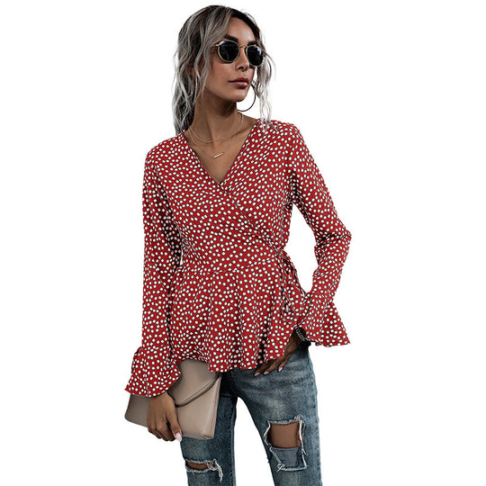 Damen Taillierte Wickelbluse mit V-Ausschnitt, Allover-Punktmuster und ausgestellten Volantärmeln Shop Nory