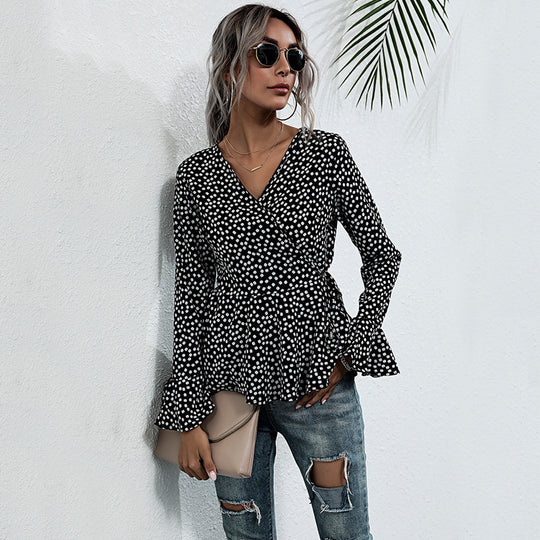 Damen Taillierte Wickelbluse mit V-Ausschnitt, Allover-Punktmuster und ausgestellten Volantärmeln Shop Nory