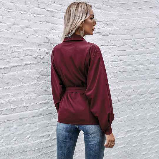 Damen Satin-Hemdbluse mit Taillengürtel, Brusttaschen und langen Ärmeln Shop Nory