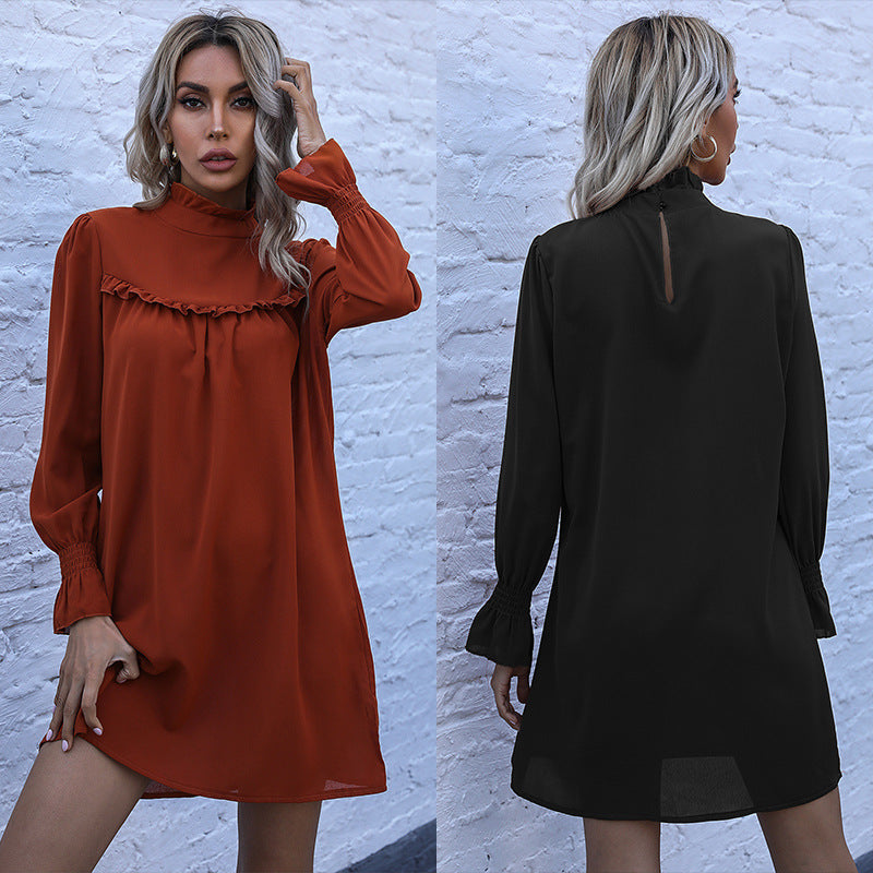 Damen Kurzkleid mit Stehkragen, Rüschendetail und gerafften Manschetten Shop Nory