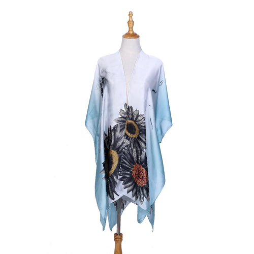Damen Seidenähnlicher Kaftan-Überwurf mit großflächigem Sonnenblumenprint Shop Nory