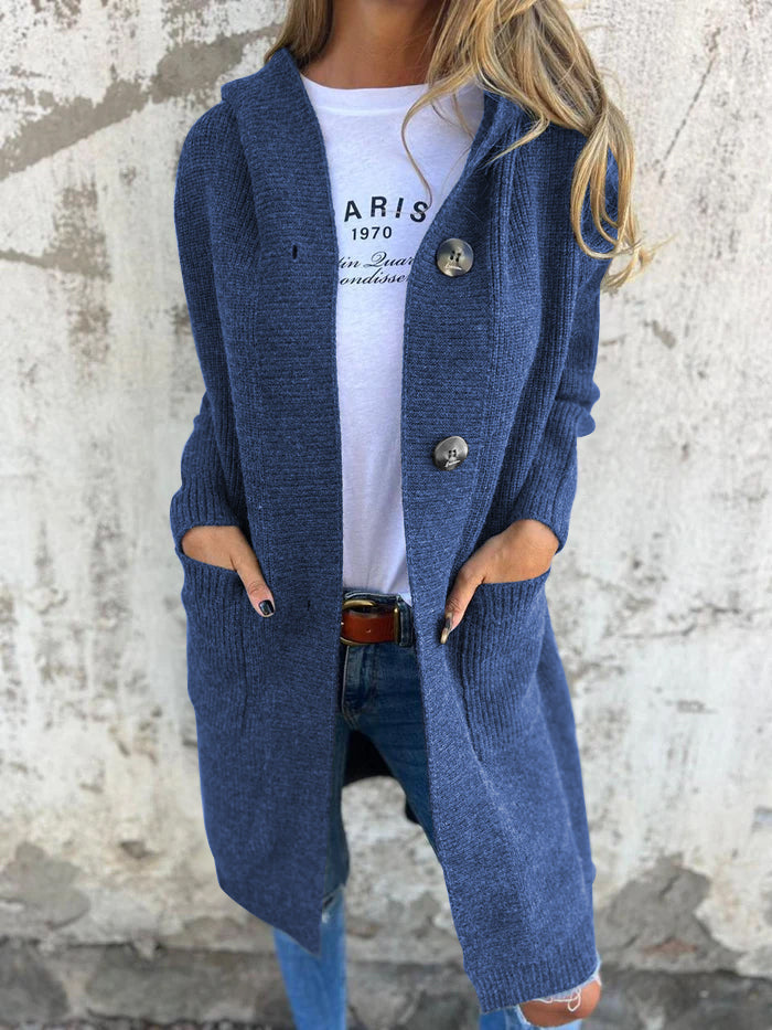 Strickjacke Lange Offene Front Ribbed Knopfverschluss & Vordertaschen
