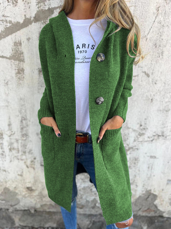 Strickjacke Lange Offene Front Ribbed Knopfverschluss & Vordertaschen