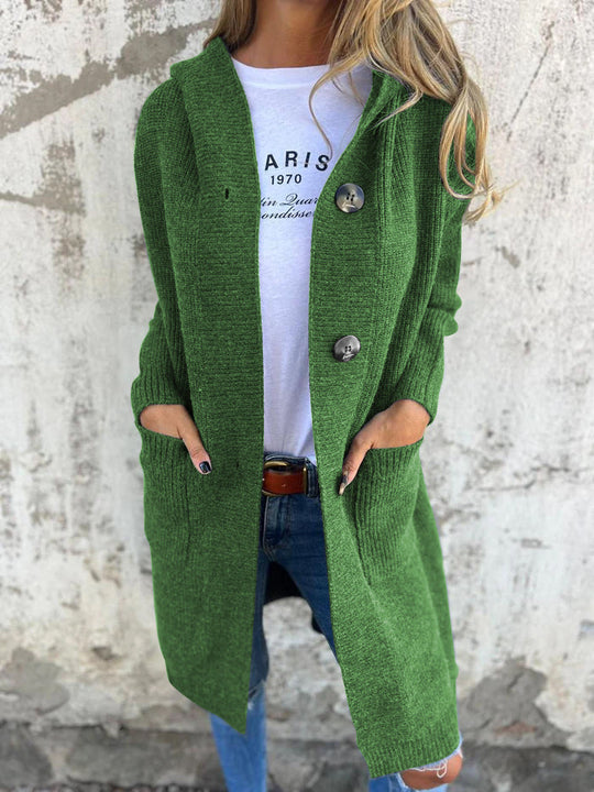 Strickjacke Lange Offene Front Ribbed Knopfverschluss & Vordertaschen