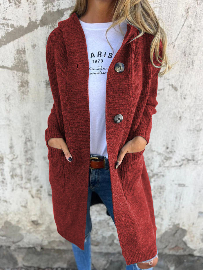 Strickjacke Lange Offene Front Ribbed Knopfverschluss & Vordertaschen