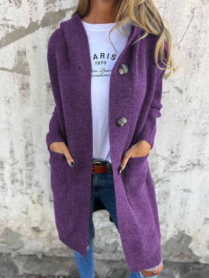 Strickjacke Lange Offene Front Ribbed Knopfverschluss & Vordertaschen