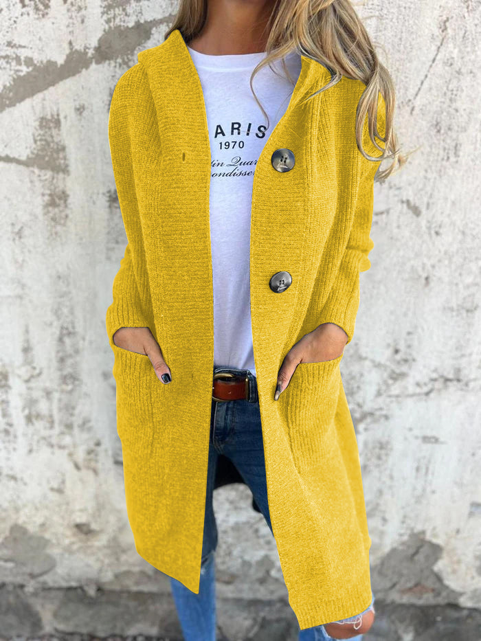 Strickjacke Lange Offene Front Ribbed Knopfverschluss & Vordertaschen