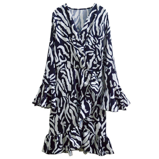 Damen Wickelkleid mit ZShop Noryra-Print, Volantärmeln und geraffter Taille Shop Nory
