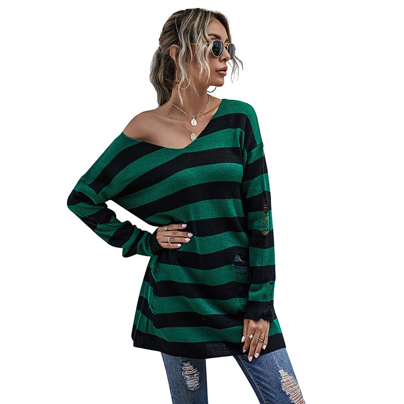 Damen Off-Shoulder Strickpullover mit Streifen Shop Nory