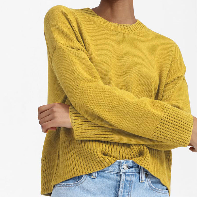 Damen Oversize-Feinstrickpullover mit Rundhalsausschnitt, überschnittener Schulter und breitem Rippsaum Shop Nory