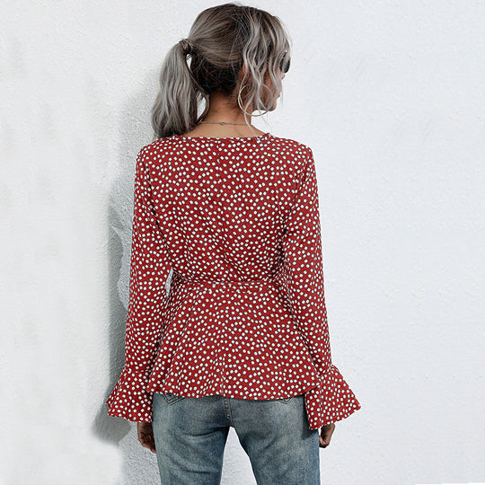 Damen Taillierte Wickelbluse mit V-Ausschnitt, Allover-Punktmuster und ausgestellten Volantärmeln Shop Nory