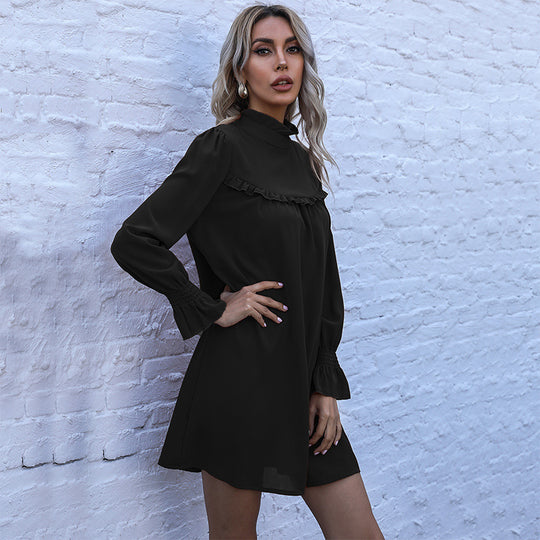 Damen Kurzkleid mit Stehkragen, Rüschendetail und gerafften Manschetten Shop Nory
