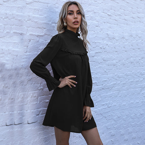 Damen Kurzkleid mit Stehkragen, Rüschendetail und gerafften Manschetten Shop Nory