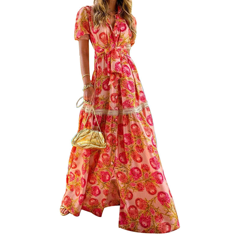 Damen Maxikleid mit Floralen Applikationen und Taillengürtel Shopnory
