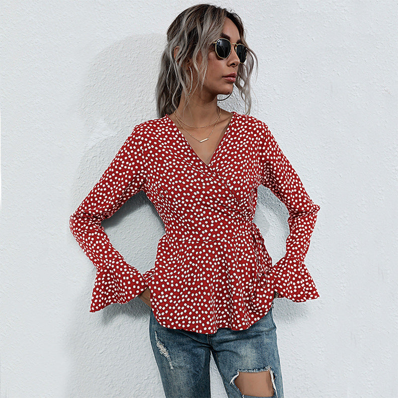 Damen Taillierte Wickelbluse mit V-Ausschnitt, Allover-Punktmuster und ausgestellten Volantärmeln Shop Nory