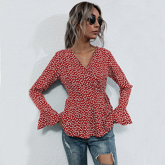 Damen Taillierte Wickelbluse mit V-Ausschnitt, Allover-Punktmuster und ausgestellten Volantärmeln Shop Nory