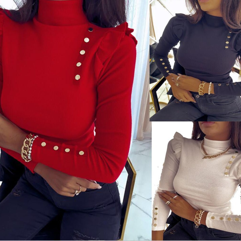 Damen Rippstrick Longsleeve mit Stehkragen, Schultervolant und Zierknöpfen Shop Nory