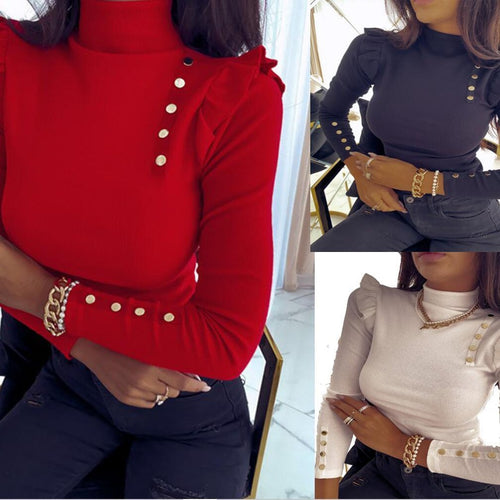 Damen Rippstrick Longsleeve mit Stehkragen, Schultervolant und Zierknöpfen Shop Nory