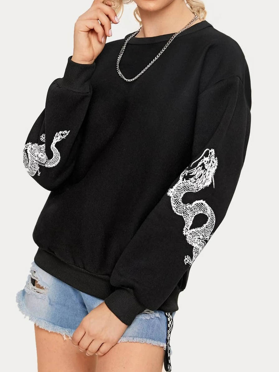 Damen Oversize Sweatshirt mit Drachenprint an Ärmeln und Rundhalsausschnitt Shop Nory