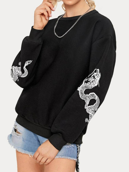 Damen Oversize Sweatshirt mit Drachenprint an Ärmeln und Rundhalsausschnitt Shop Nory