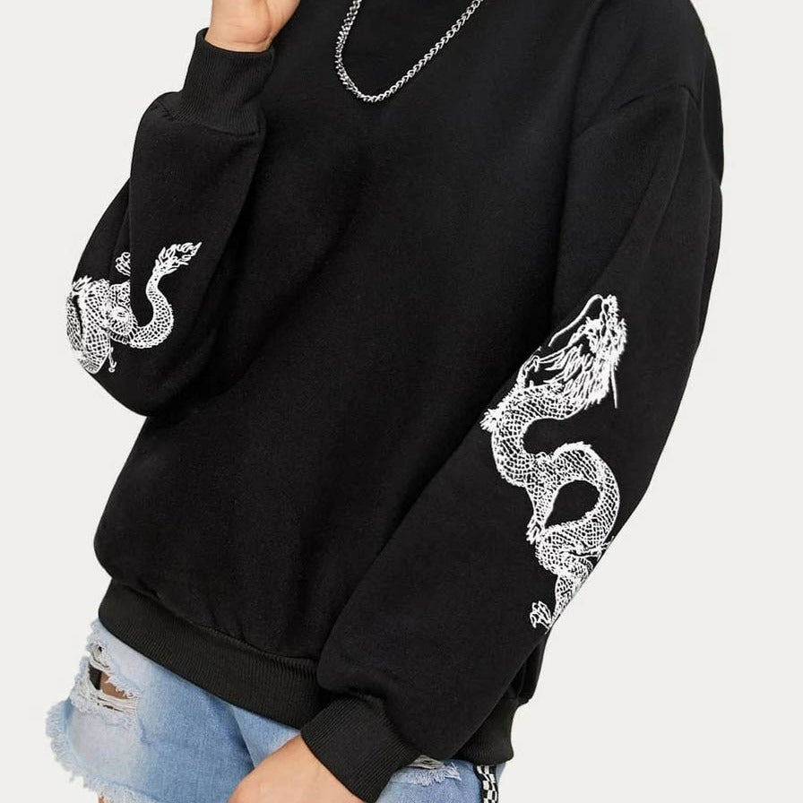 Damen Oversize Sweatshirt mit Drachenprint an Ärmeln und Rundhalsausschnitt Shop Nory