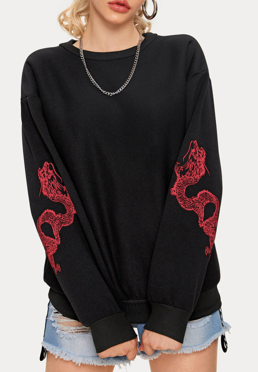 Damen Oversize Sweatshirt mit Drachenprint an Ärmeln und Rundhalsausschnitt Shop Nory