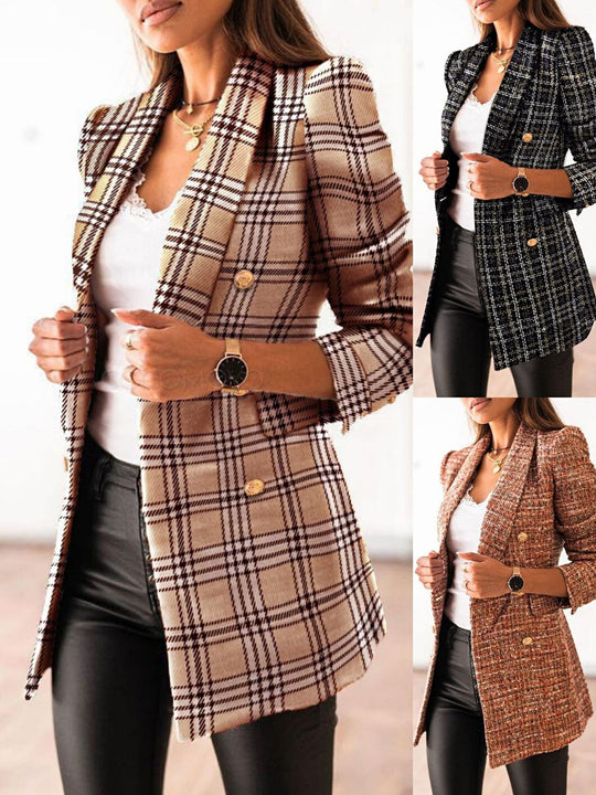 Damen modischer Tweedblazer mit doppelter Knopfleiste und Schulterpolstern