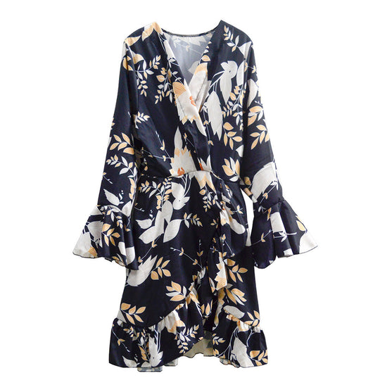 Damen Wickel-Minikleid mit V-Ausschnitt, Taillenschärpe & Volantsaum Shop Nory