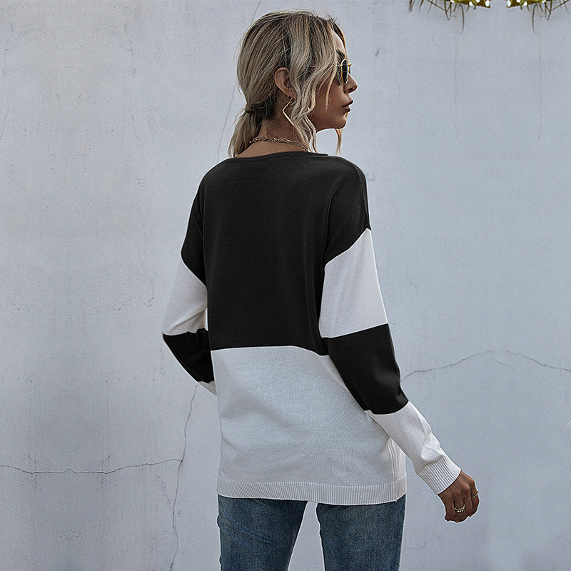 Damen Lockere Strickpullover im Blockmuster mit V‑Ajour‑Detail Shop Nory