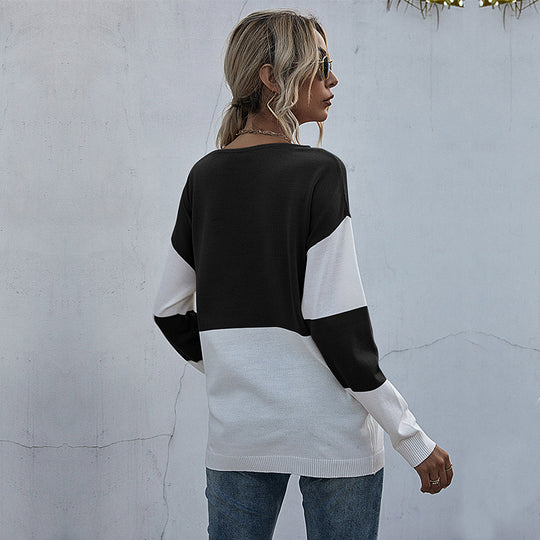 Damen Lockere Strickpullover im Blockmuster mit V‑Ajour‑Detail Shop Nory