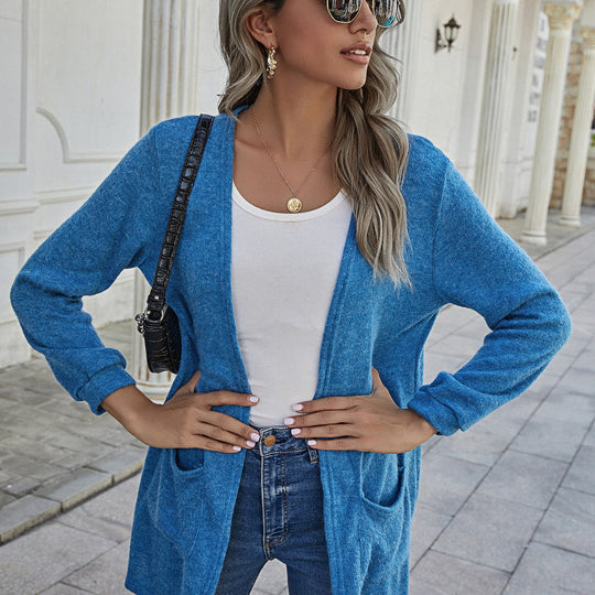 Damen Langer Offener Strickcardigan mit aufgesetzten Taschen und lässigem Fall Shop Nory