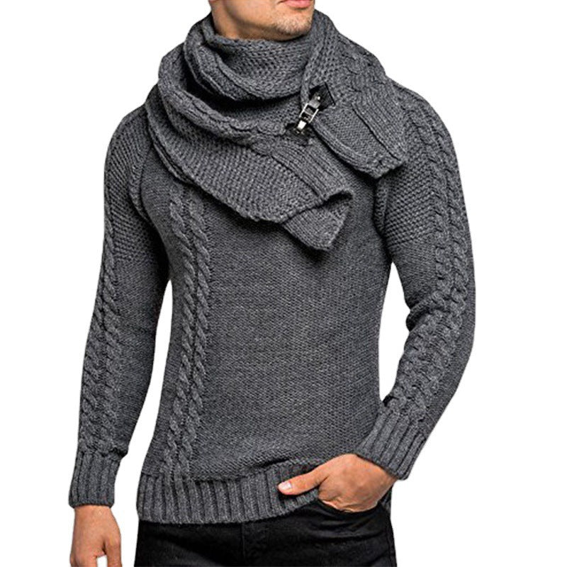 Herren Grobstrick-Pullover mit integriertem Wickelkragen und Schnallen-Schal Shop Nory