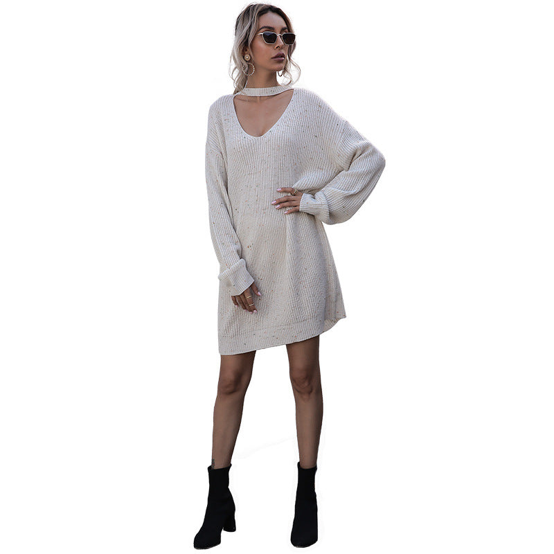 Damen Strickkleid mit Choker-Ausschnitt, überschnittener Schulter und taillierter Silhouette Shop Nory