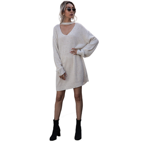 Damen Strickkleid mit Choker-Ausschnitt, überschnittener Schulter und taillierter Silhouette Shop Nory