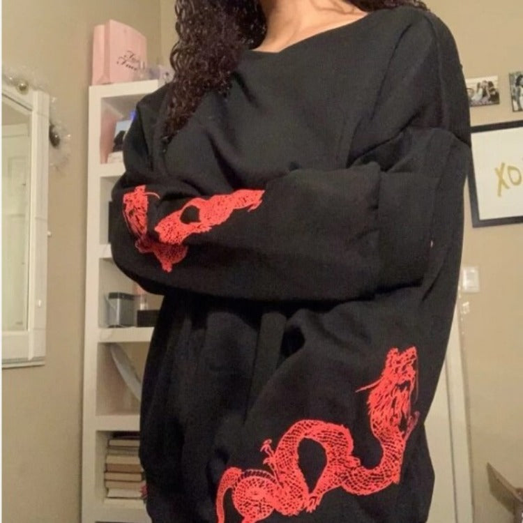 Damen Oversize Sweatshirt mit Drachenprint an Ärmeln und Rundhalsausschnitt Shop Nory