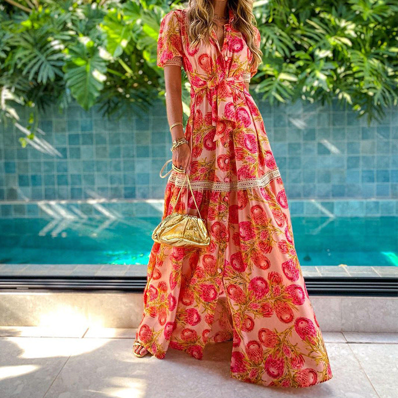 Damen Maxikleid mit Floralen Applikationen und Taillengürtel Shopnory