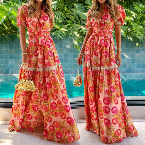 Damen Maxikleid mit Floralen Applikationen und Taillengürtel Shopnory