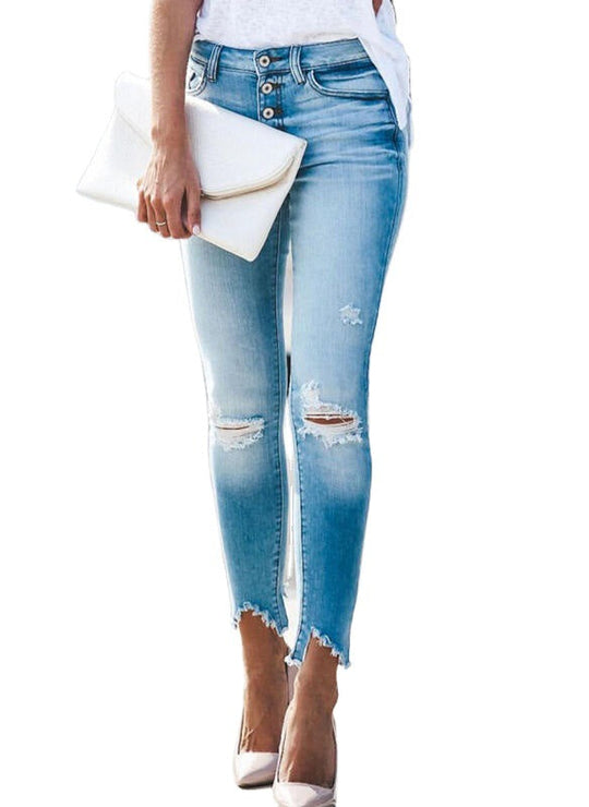 Damen hochgeschnittene Ripped Jeans im modernen Design mit Knopfleiste