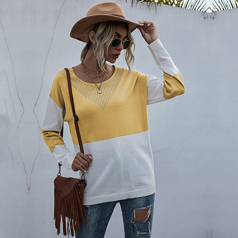 Damen Lockere Strickpullover im Blockmuster mit V‑Ajour‑Detail Shop Nory