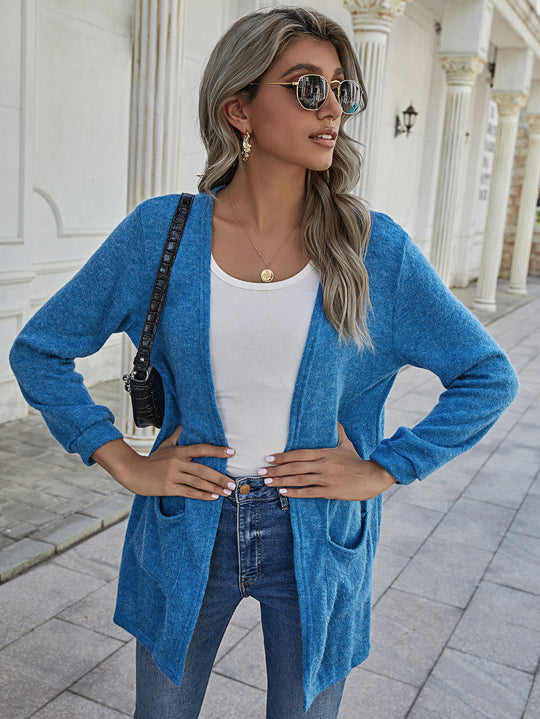 Damen Langer Offener Strickcardigan mit aufgesetzten Taschen und lässigem Fall Shop Nory