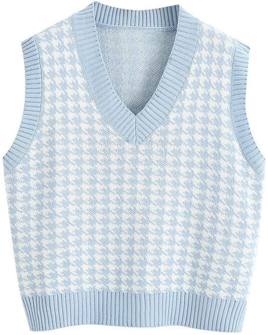 Damen Strickweste mit Hahnentritt-Muster, V-Ausschnitt und geripptem Saum Shop Nory