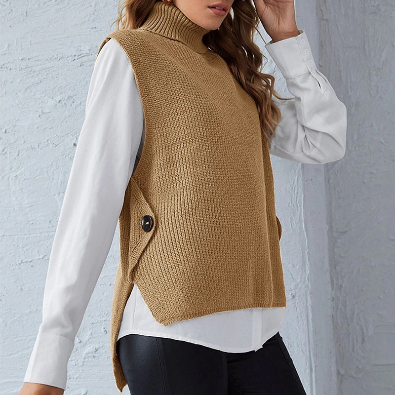Damen ärmellose Strickjacke mit hohem Kragen und Knopfdetails