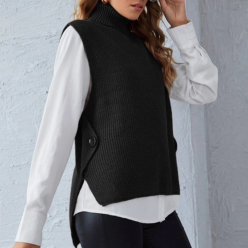 Damen ärmellose Strickjacke mit hohem Kragen und Knopfdetails