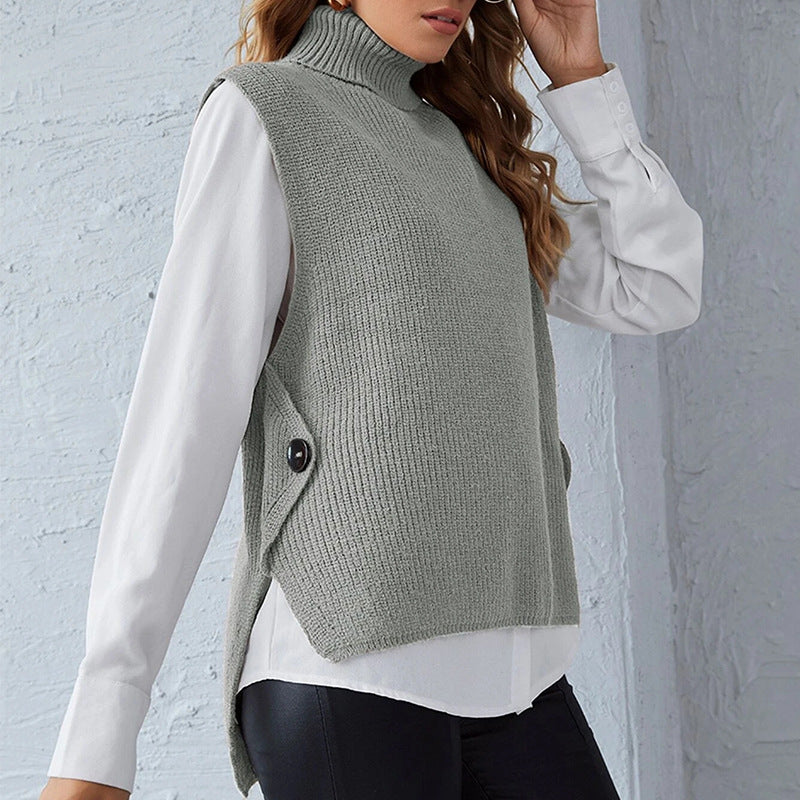 Damen ärmellose Strickjacke mit hohem Kragen und Knopfdetails
