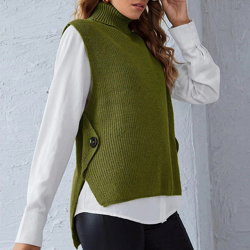Damen ärmellose Strickjacke mit hohem Kragen und Knopfdetails